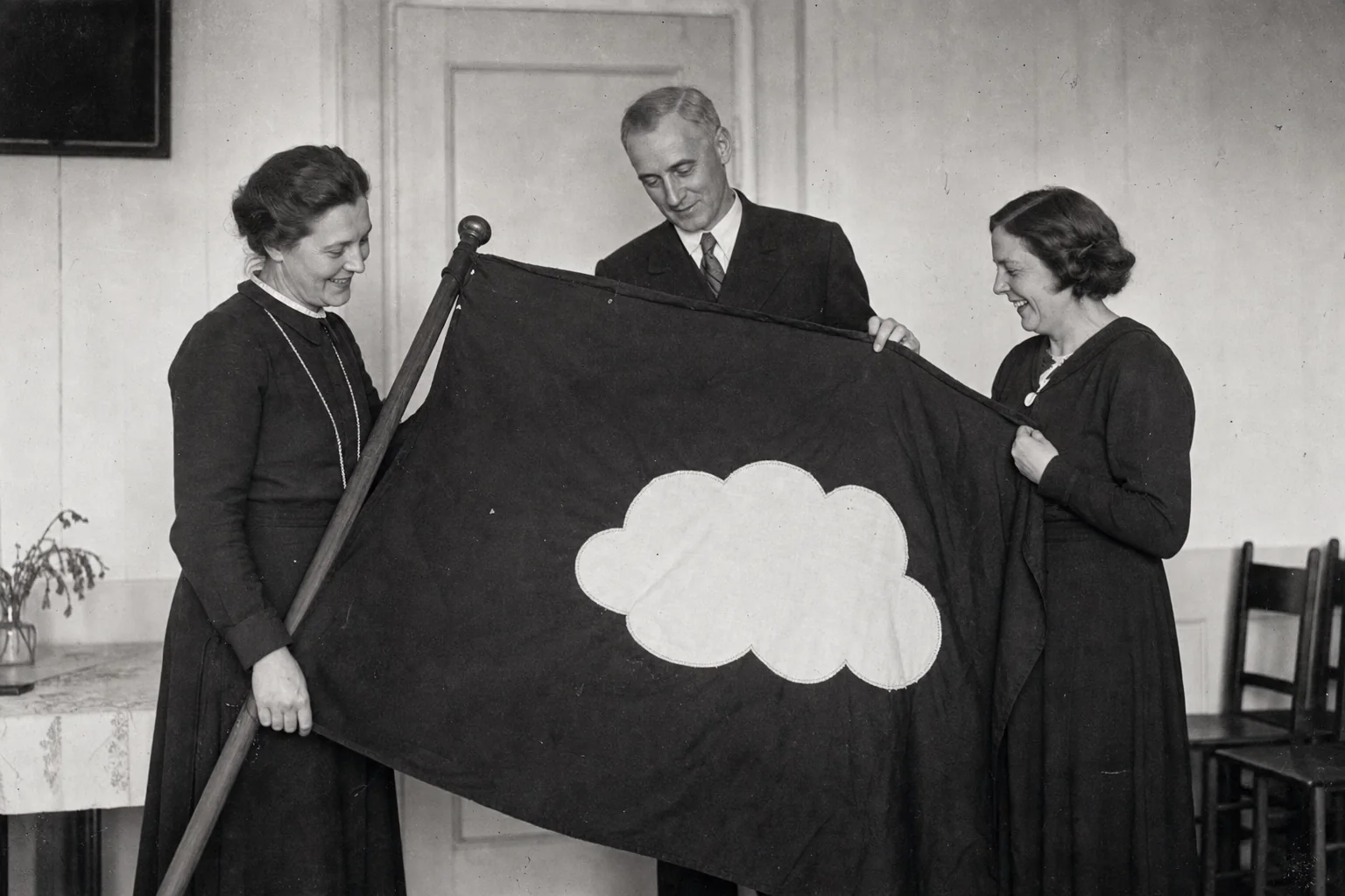 Anne-Marie Nebelgaard og medlemmer viser det håndsyede skybanner