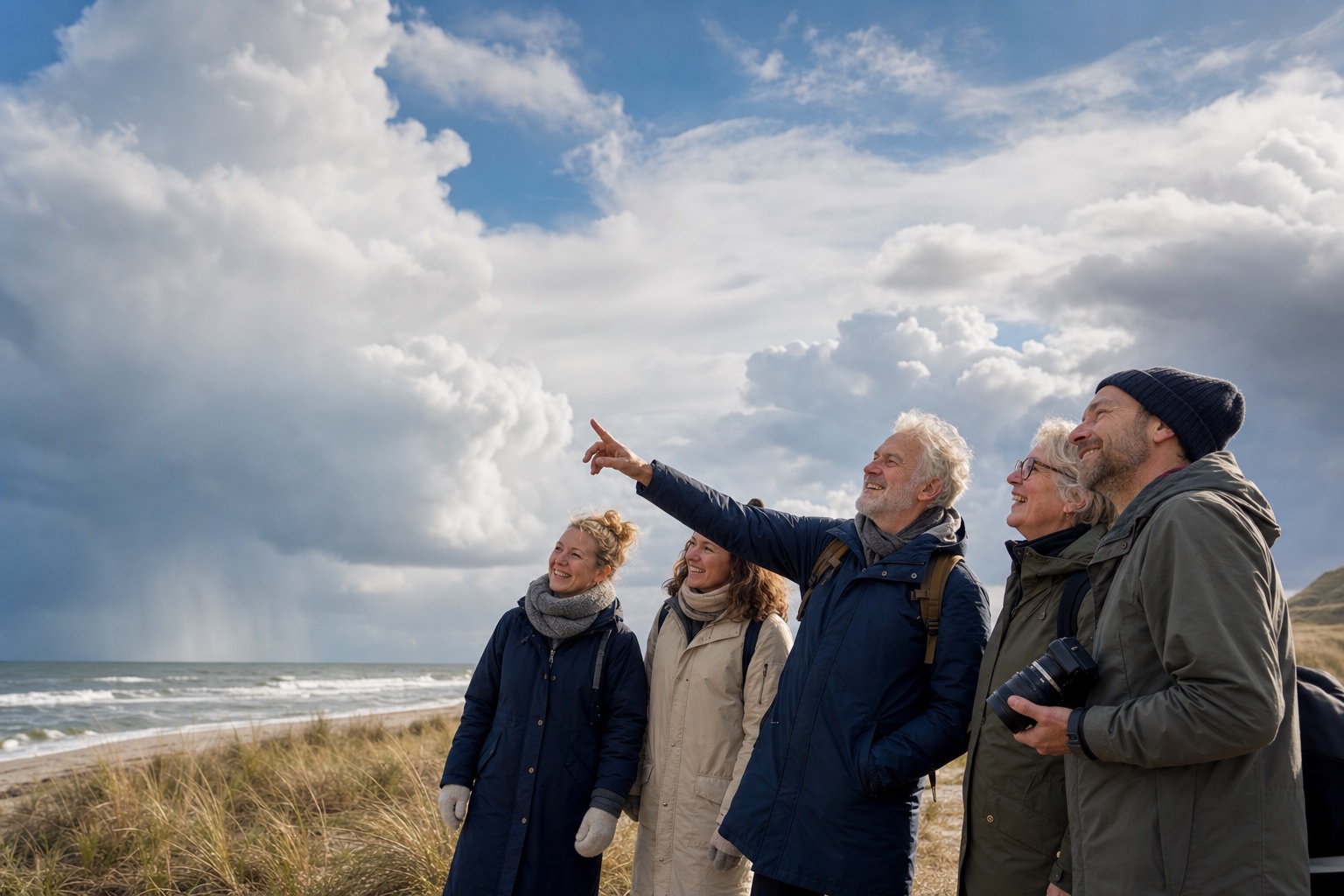 En gruppe medlemmer observerer dramatiske skyer ved stranden