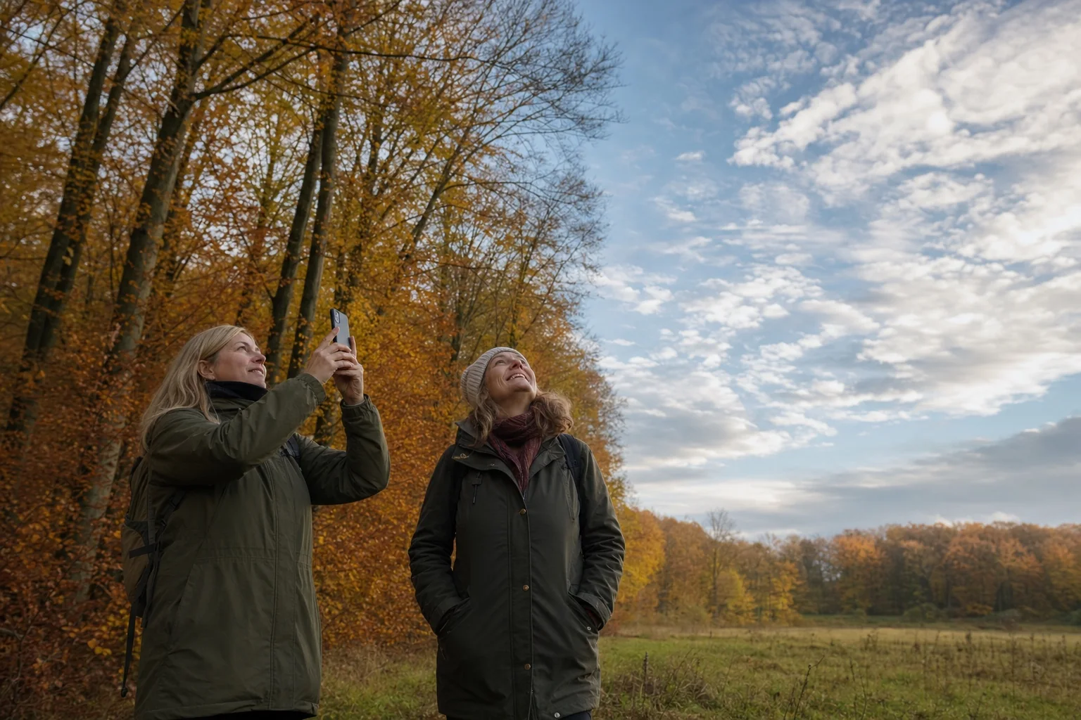 To medlemmer ser på skyer i en efterårsskov, mens den ene fotograferer med sin telefon