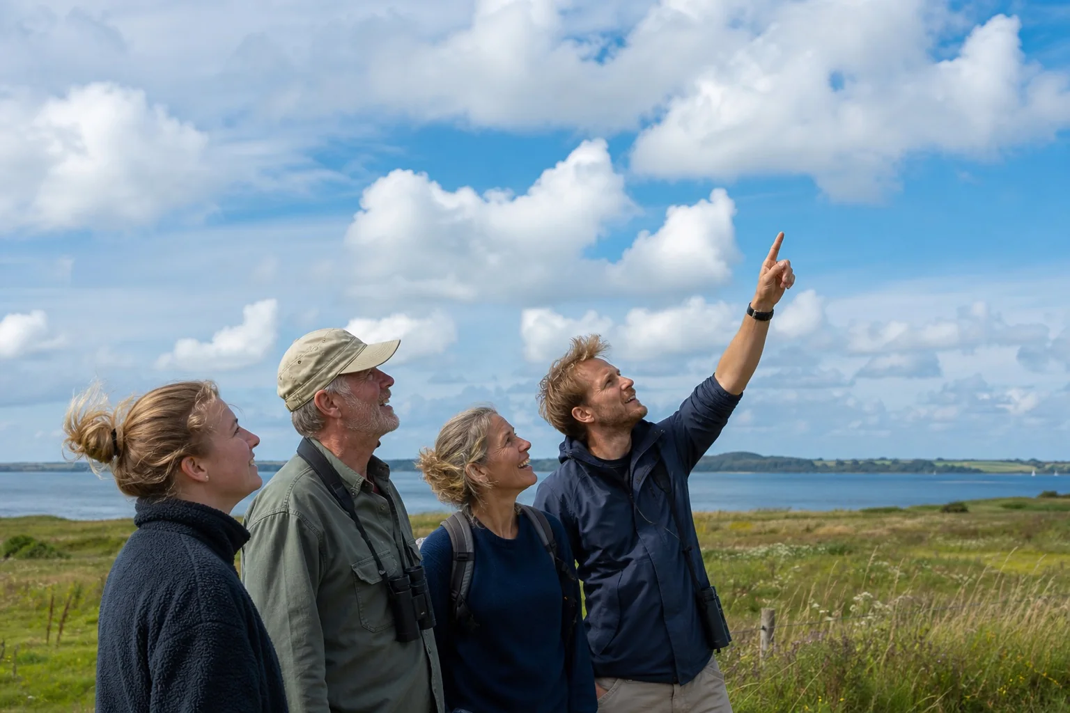 Fire medlemmer betragter cumulusskyer ved den danske kyst