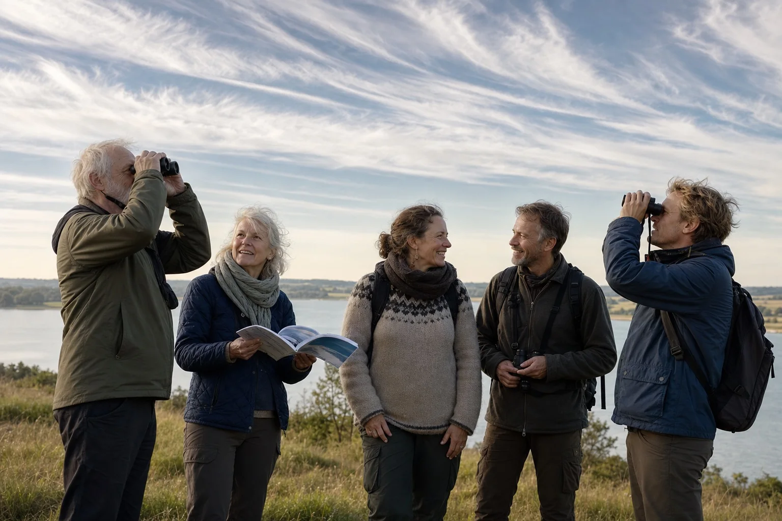 Fem medlemmer deler en skyguide og kigger i kikkerter