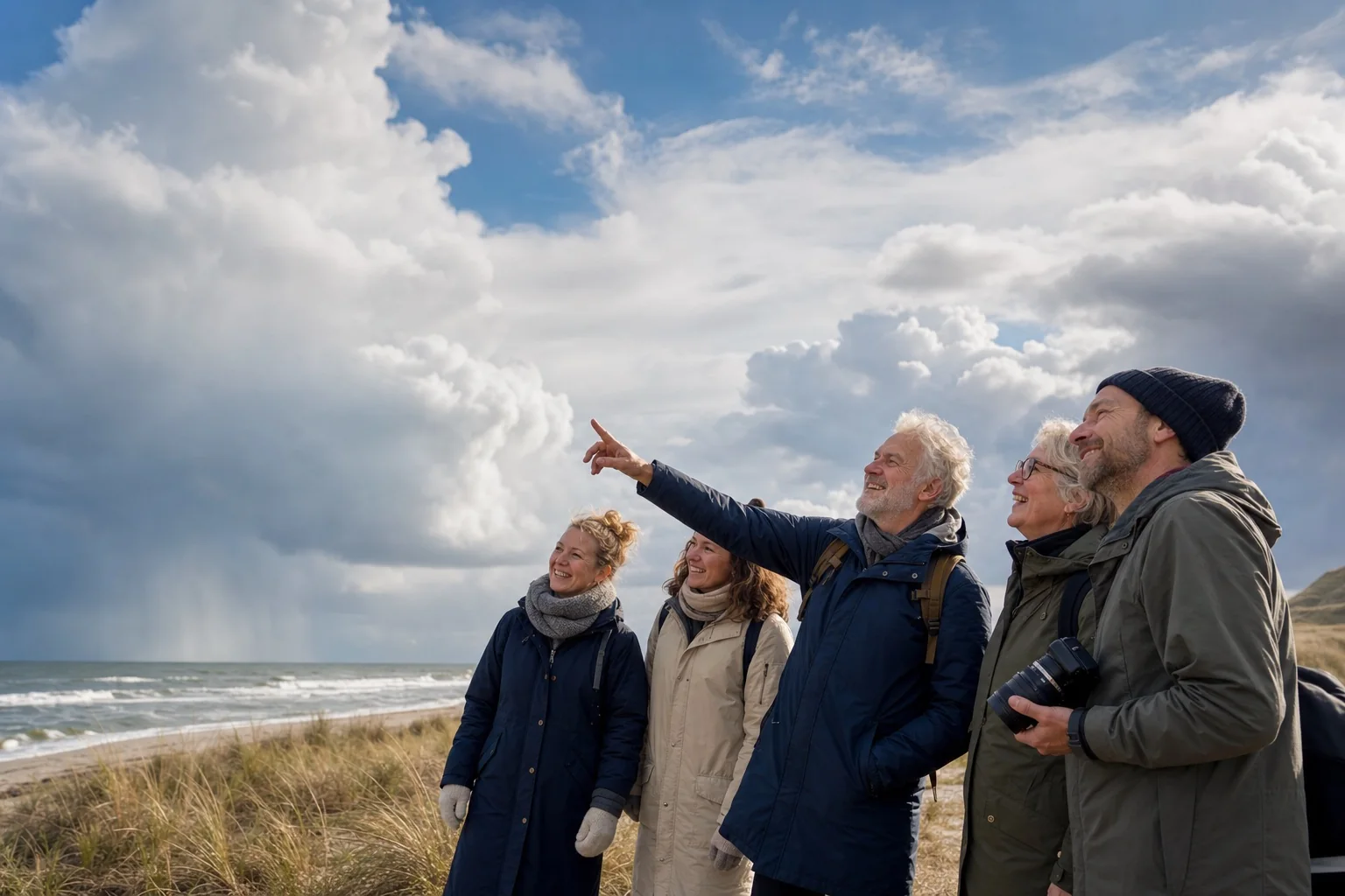 En gruppe medlemmer observerer dramatiske skyer ved stranden
